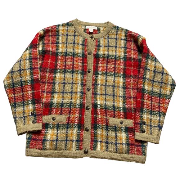Christmas Plaid Mohair Blend Knit Red Cardigan Women’s Large Capeisle Knitters - Picture 1 of 8